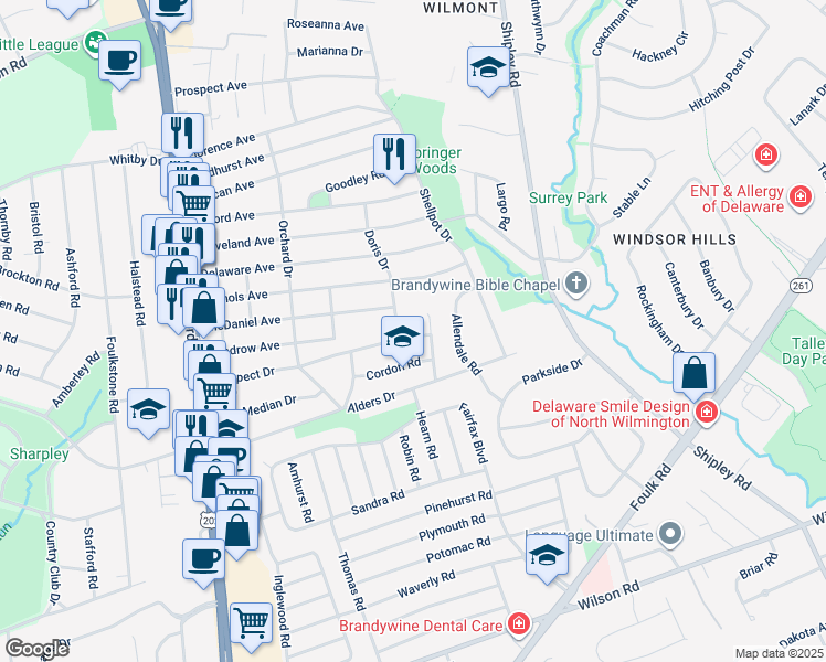 map of restaurants, bars, coffee shops, grocery stores, and more near 233 Prospect Drive in Wilmington