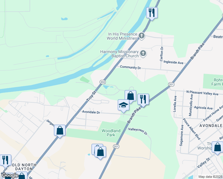 map of restaurants, bars, coffee shops, grocery stores, and more near 3719 Lakebend Drive in Dayton