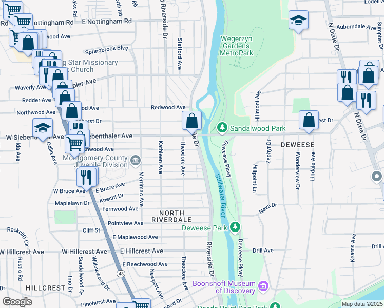 map of restaurants, bars, coffee shops, grocery stores, and more near in Dayton