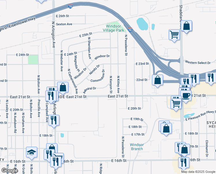 map of restaurants, bars, coffee shops, grocery stores, and more near 2258 Admiral Drive in Indianapolis