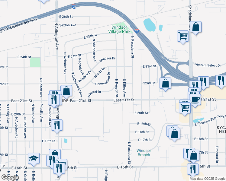 map of restaurants, bars, coffee shops, grocery stores, and more near 2258 Admiral Drive in Indianapolis