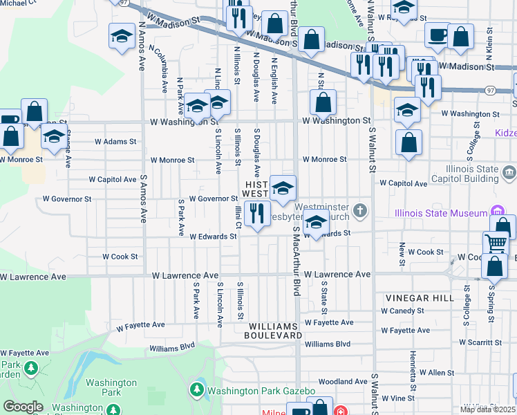 map of restaurants, bars, coffee shops, grocery stores, and more near in Springfield