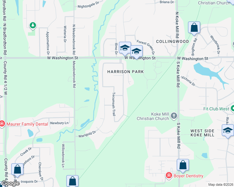 map of restaurants, bars, coffee shops, grocery stores, and more near 404 Tecumseh Trail in Springfield