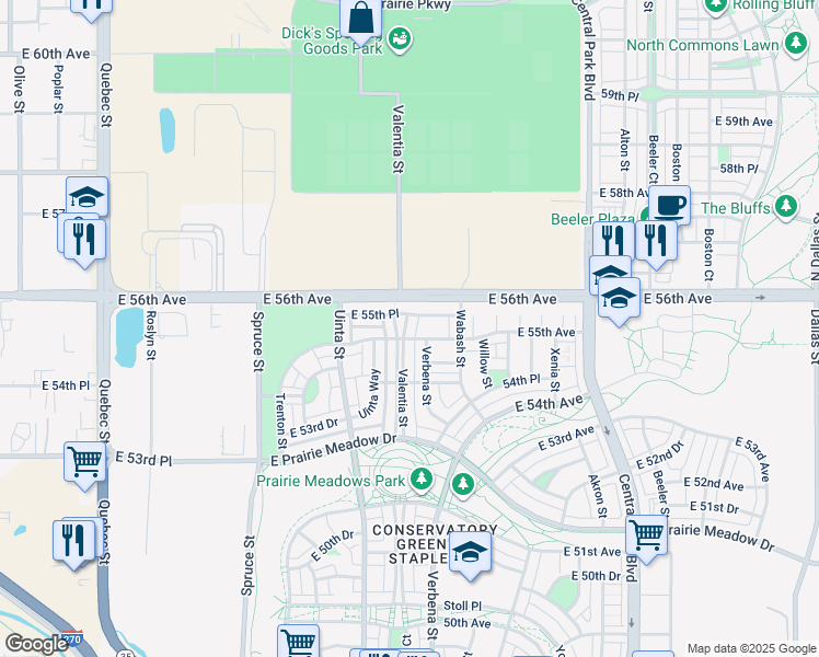 map of restaurants, bars, coffee shops, grocery stores, and more near 8130 East 56th Avenue in Denver