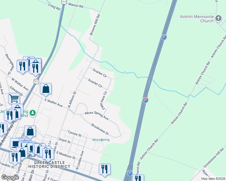map of restaurants, bars, coffee shops, grocery stores, and more near 228 Scarlet Circle in Greencastle