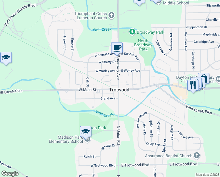 map of restaurants, bars, coffee shops, grocery stores, and more near 7 West Main Street in Trotwood