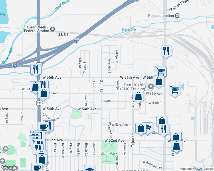 map of restaurants, bars, coffee shops, grocery stores, and more near 2320 West 56th Avenue in Denver