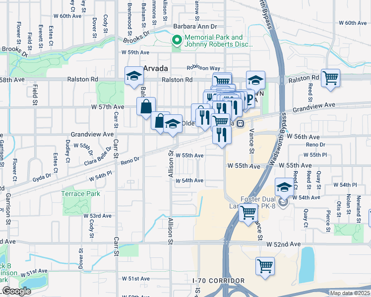 map of restaurants, bars, coffee shops, grocery stores, and more near 7931 West 55th Avenue in Arvada