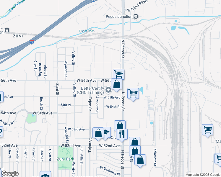 map of restaurants, bars, coffee shops, grocery stores, and more near 5574 Quivas Street in Denver