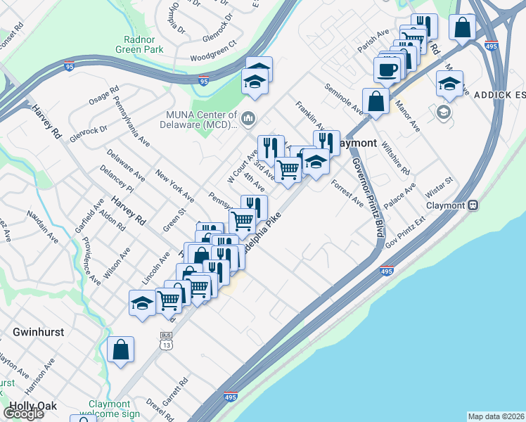 map of restaurants, bars, coffee shops, grocery stores, and more near 3005 4th Avenue in Claymont