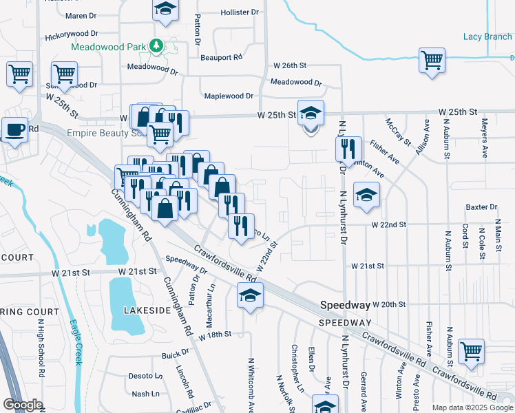 map of restaurants, bars, coffee shops, grocery stores, and more near 2234 Hermitage Way in Indianapolis