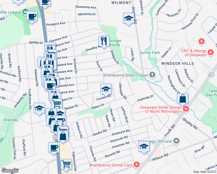 map of restaurants, bars, coffee shops, grocery stores, and more near 2606 Turner Road in Wilmington
