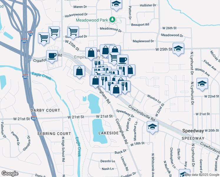 map of restaurants, bars, coffee shops, grocery stores, and more near 5846 Crawfordsville Road in Speedway
