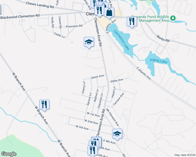 map of restaurants, bars, coffee shops, grocery stores, and more near 15 Davis Avenue in Clementon