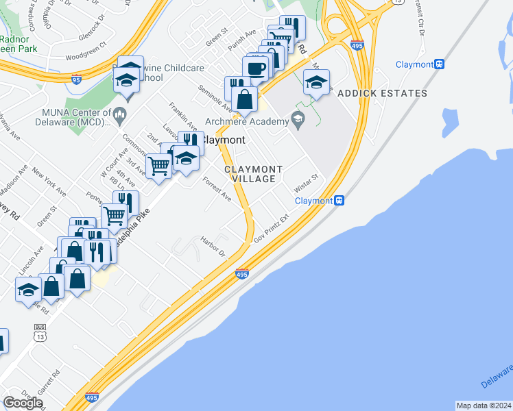 map of restaurants, bars, coffee shops, grocery stores, and more near 2 Palace Avenue in Claymont