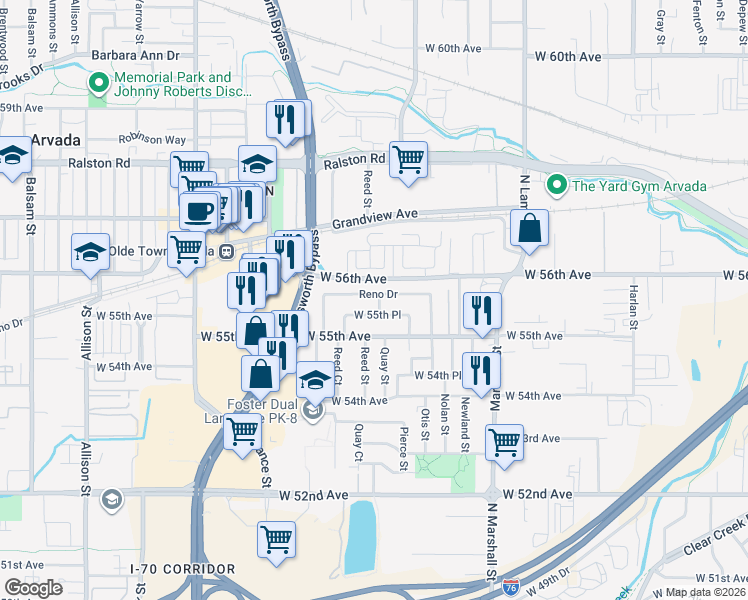 map of restaurants, bars, coffee shops, grocery stores, and more near 6895 Reno Drive in Arvada