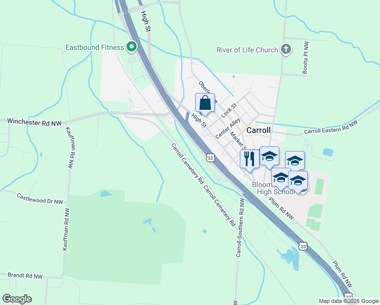 map of restaurants, bars, coffee shops, grocery stores, and more near 6025 Winchester Road Northwest in Carroll