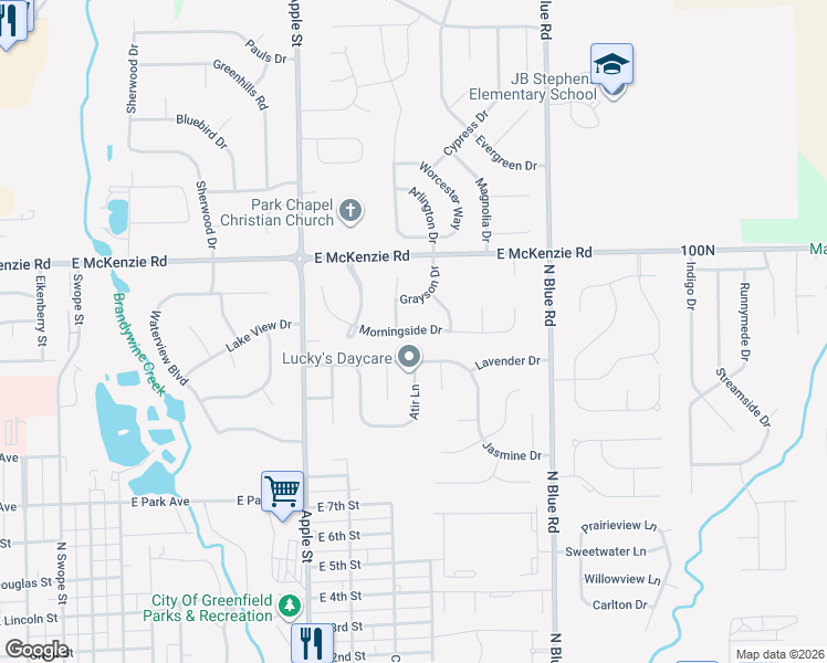 map of restaurants, bars, coffee shops, grocery stores, and more near 1211 Morningside Drive in Greenfield