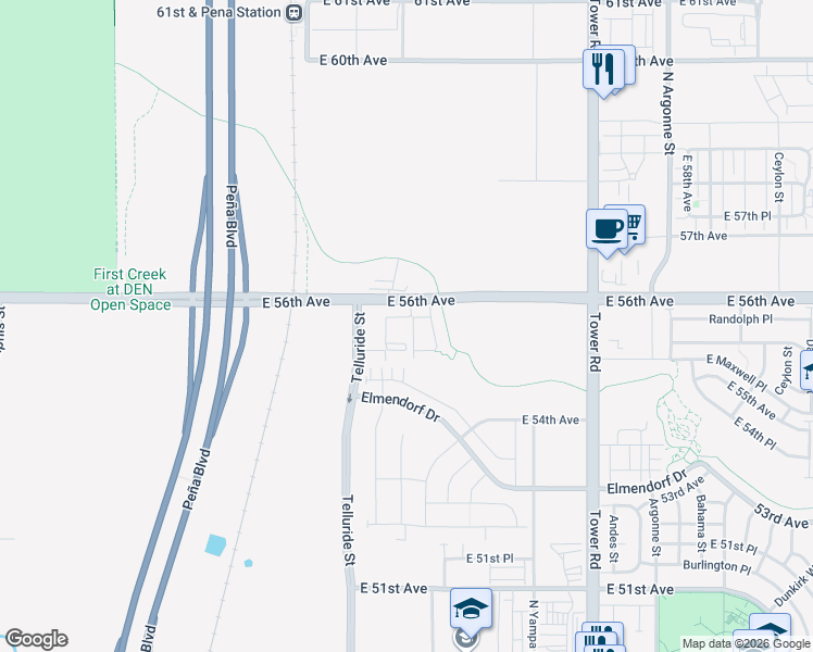 map of restaurants, bars, coffee shops, grocery stores, and more near 17800-17912 East 56th Avenue in Denver
