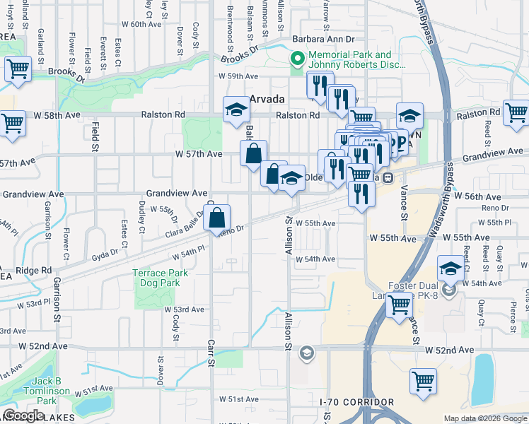 map of restaurants, bars, coffee shops, grocery stores, and more near 8006 Grandview Avenue in Arvada