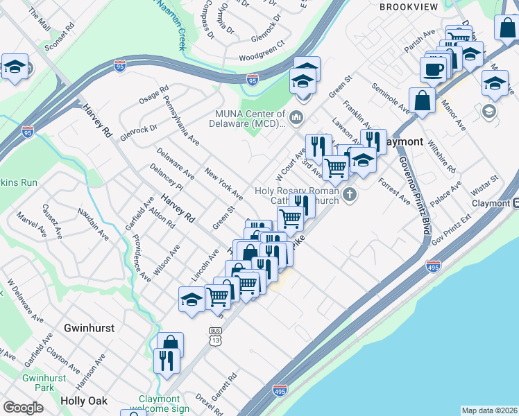 map of restaurants, bars, coffee shops, grocery stores, and more near 122 Pennsylvania Avenue in Claymont