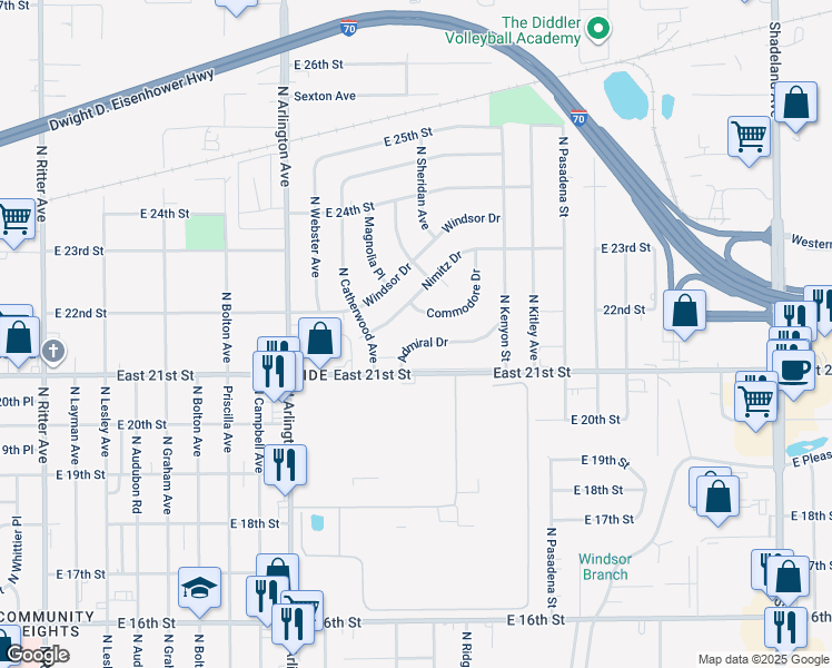 map of restaurants, bars, coffee shops, grocery stores, and more near 6147 Commodore Drive in Indianapolis