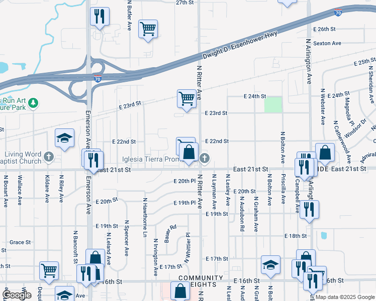 map of restaurants, bars, coffee shops, grocery stores, and more near 2150 North Ritter Avenue in Indianapolis
