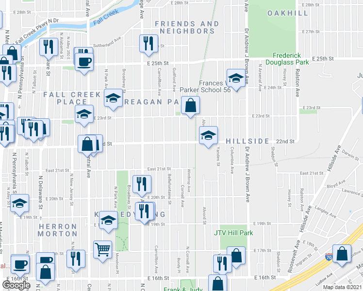 map of restaurants, bars, coffee shops, grocery stores, and more near 2210 Bellefontaine Street in Indianapolis