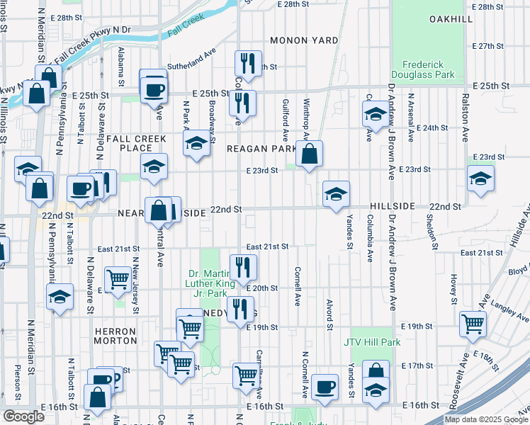 map of restaurants, bars, coffee shops, grocery stores, and more near 728 East 22nd Street in Indianapolis