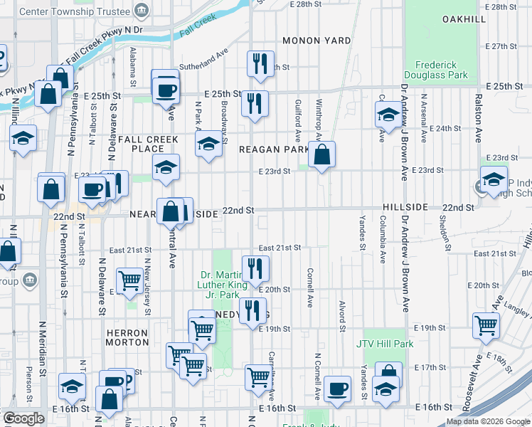 map of restaurants, bars, coffee shops, grocery stores, and more near 728 East 22nd Street in Indianapolis