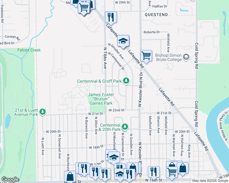 map of restaurants, bars, coffee shops, grocery stores, and more near 2221 Groff Avenue in Indianapolis