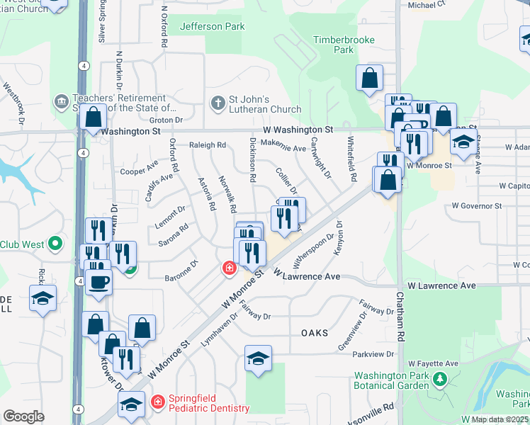 map of restaurants, bars, coffee shops, grocery stores, and more near 228 Dickinson Road in Springfield