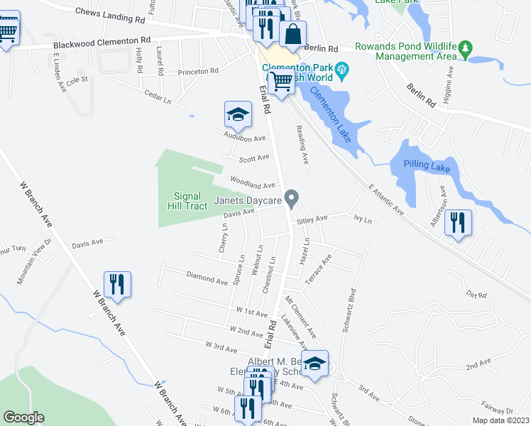 map of restaurants, bars, coffee shops, grocery stores, and more near 19 Davis Avenue in Clementon