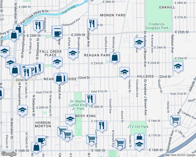 map of restaurants, bars, coffee shops, grocery stores, and more near 728 East 22nd Street in Indianapolis