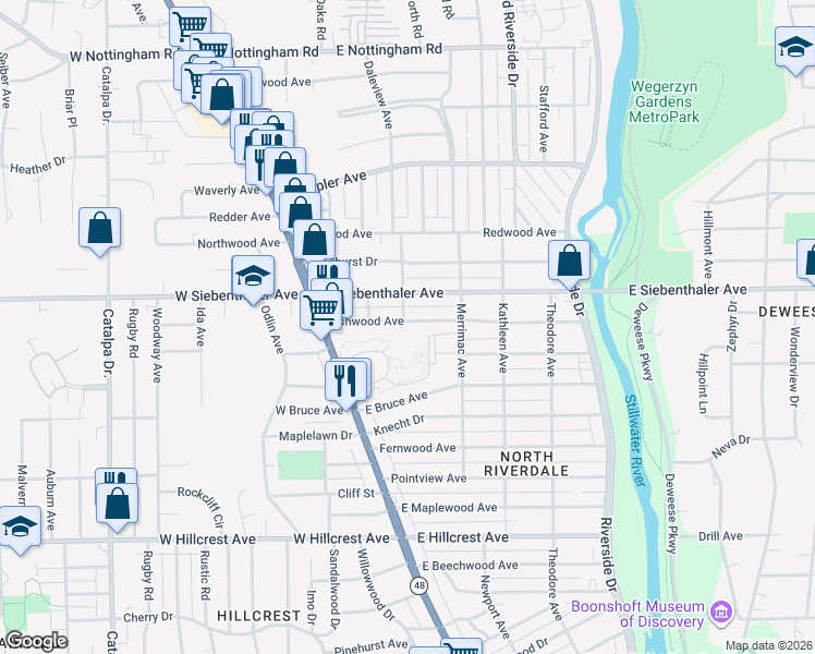 map of restaurants, bars, coffee shops, grocery stores, and more near 102 Ashwood Avenue in Dayton