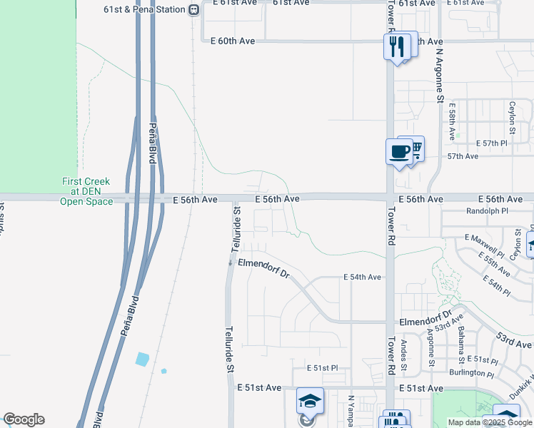 map of restaurants, bars, coffee shops, grocery stores, and more near 17800-17912 East 56th Avenue in Denver