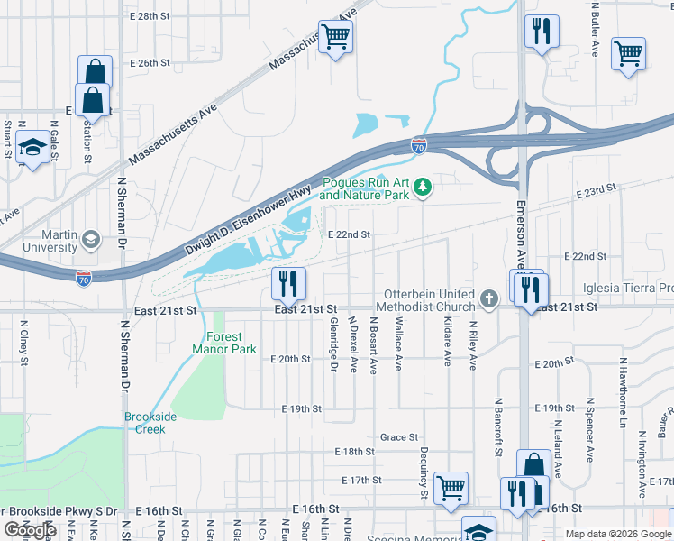map of restaurants, bars, coffee shops, grocery stores, and more near 2163 North Linwood Avenue in Indianapolis
