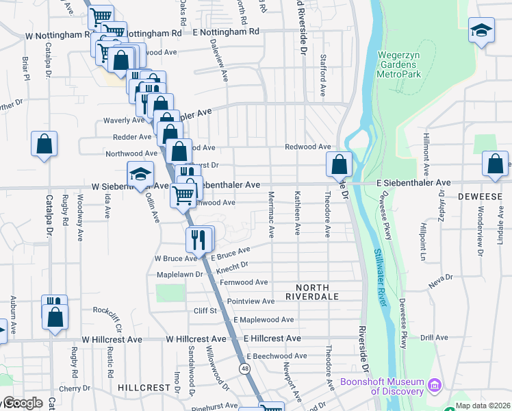 map of restaurants, bars, coffee shops, grocery stores, and more near 133 Ashwood Avenue in Dayton