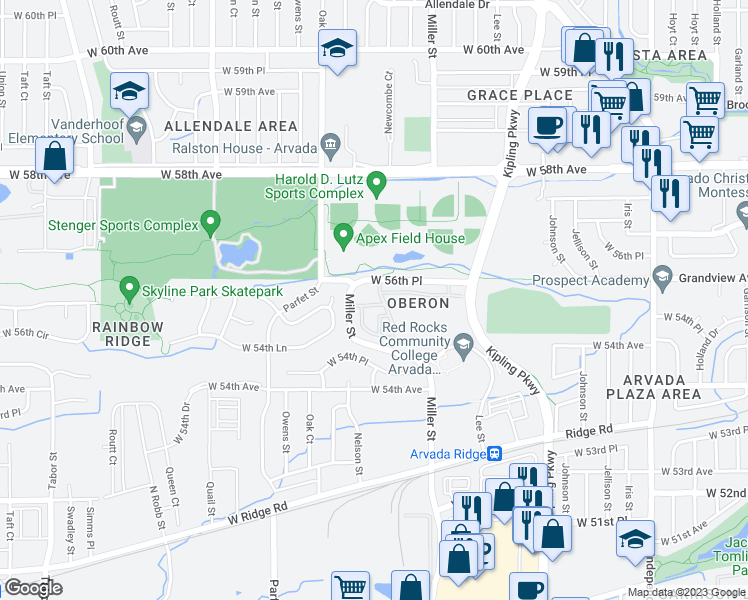 map of restaurants, bars, coffee shops, grocery stores, and more near 10337 West 55th Place in Arvada