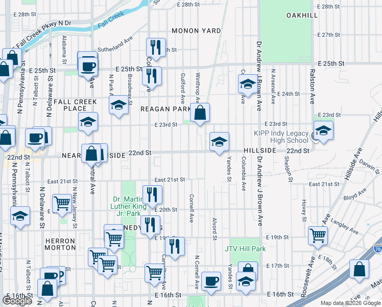 map of restaurants, bars, coffee shops, grocery stores, and more near 2210 Bellefontaine Street in Indianapolis
