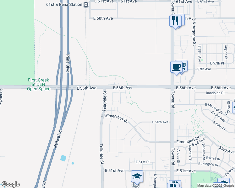 map of restaurants, bars, coffee shops, grocery stores, and more near 17800-17912 East 56th Avenue in Denver