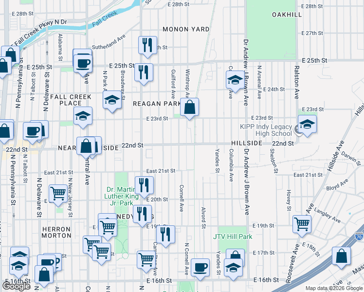 map of restaurants, bars, coffee shops, grocery stores, and more near 914 East 22nd Street in Indianapolis