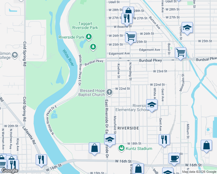 map of restaurants, bars, coffee shops, grocery stores, and more near 2207 East Riverside Drive in Indianapolis