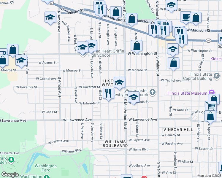 map of restaurants, bars, coffee shops, grocery stores, and more near in Springfield