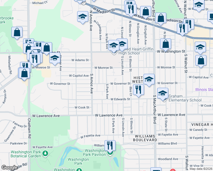 map of restaurants, bars, coffee shops, grocery stores, and more near 1351 West Governor Street in Springfield
