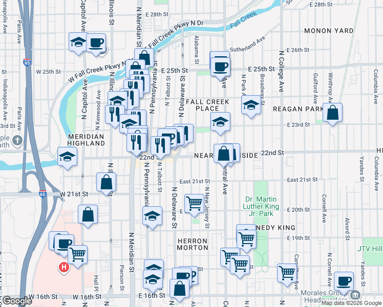 map of restaurants, bars, coffee shops, grocery stores, and more near in Indianapolis