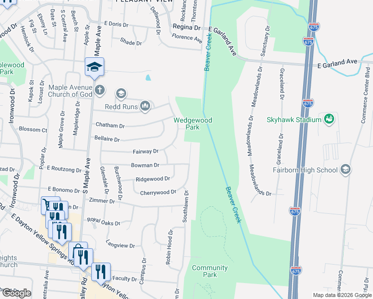 map of restaurants, bars, coffee shops, grocery stores, and more near 1421 Wedgewood Drive in Fairborn