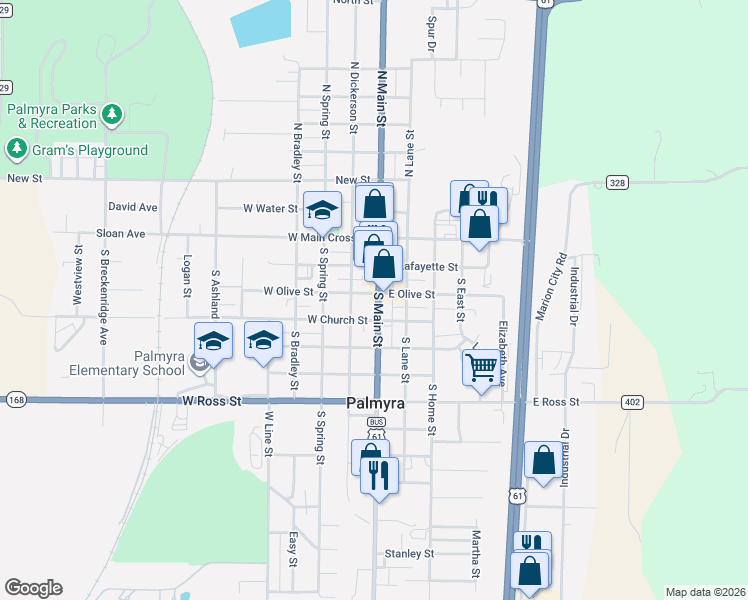 map of restaurants, bars, coffee shops, grocery stores, and more near 311 South Dickerson Street in Palmyra