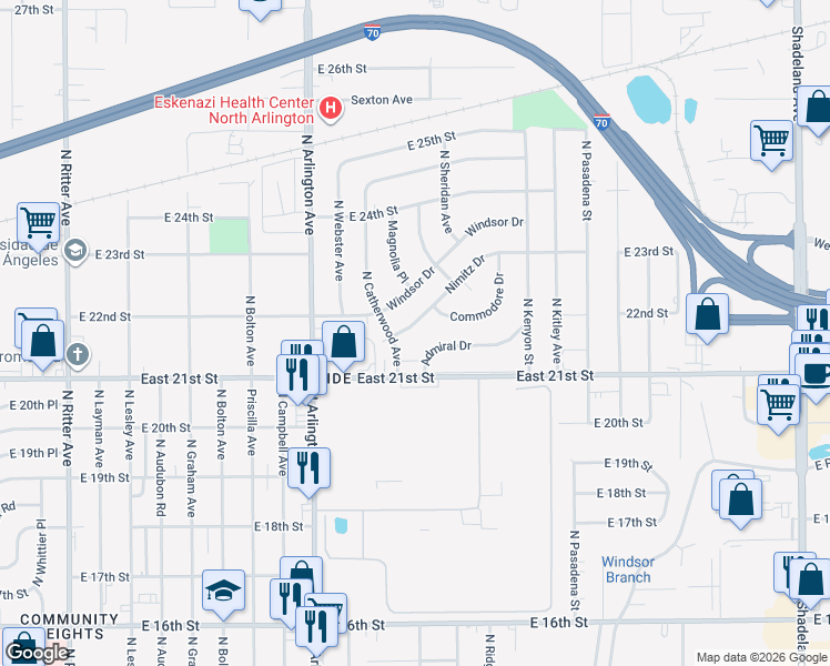 map of restaurants, bars, coffee shops, grocery stores, and more near 6117 Nimitz Drive in Indianapolis