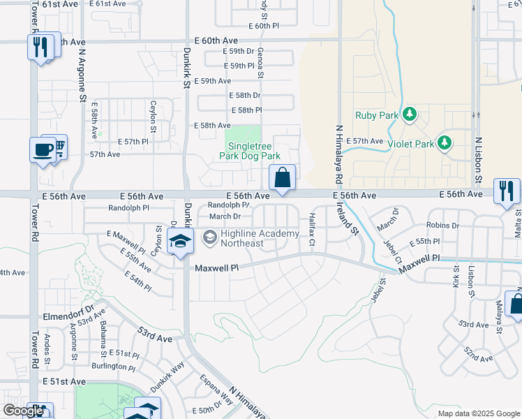 map of restaurants, bars, coffee shops, grocery stores, and more near 19698 Randolph Place in Denver